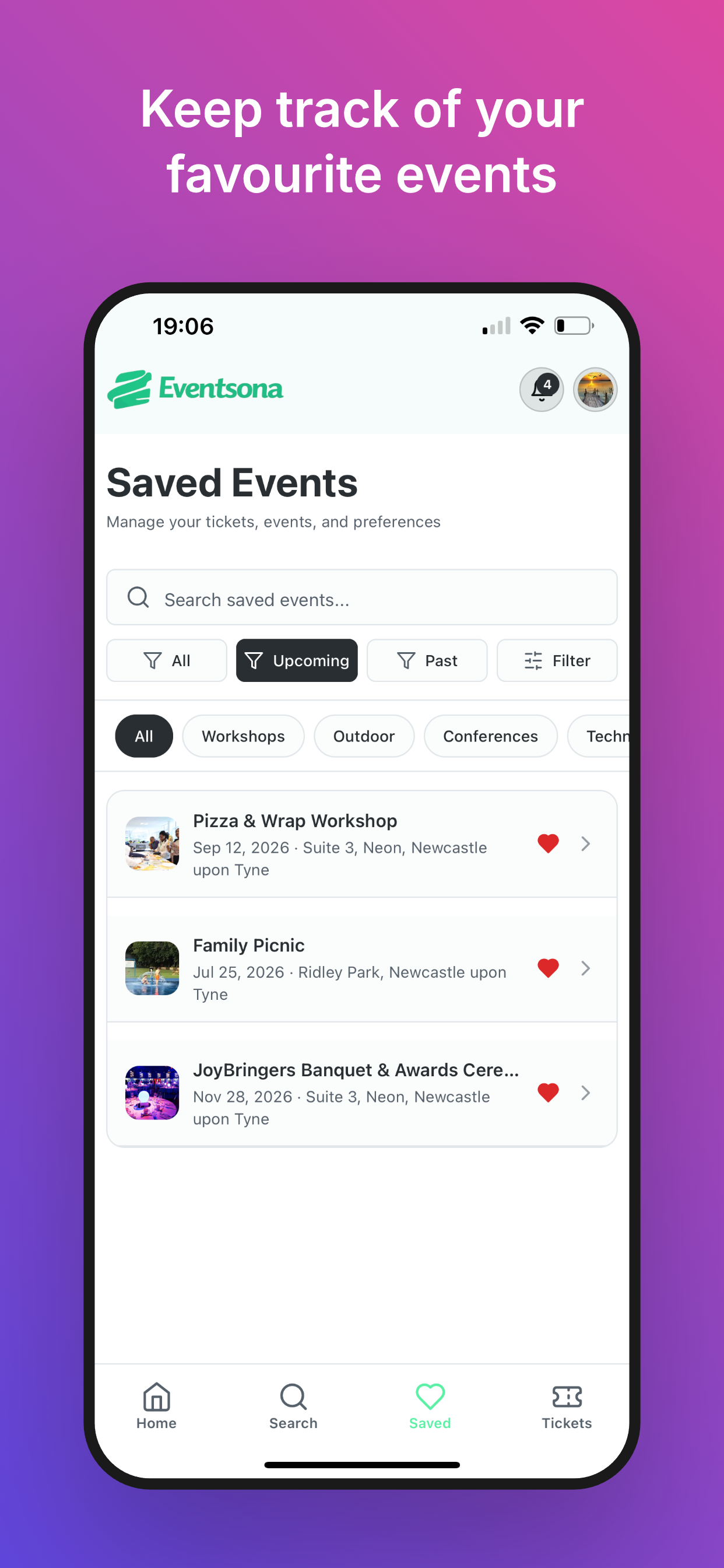 Eventsona app — saved favorite events
